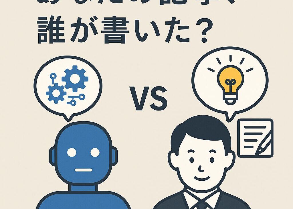 AIと人間のキャラクターが並び、「あなたの記事、誰が書いた？」と問いかける比較イラスト