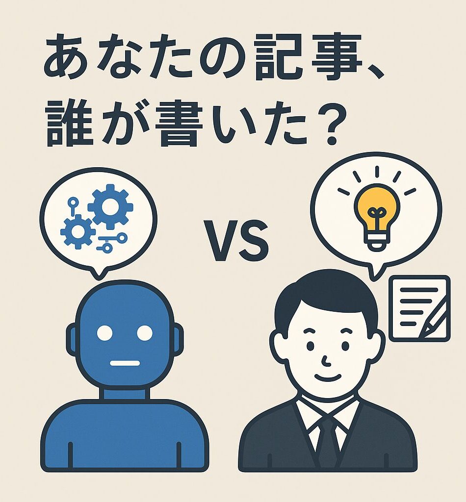 AIと人間のキャラクターが並び、「あなたの記事、誰が書いた？」と問いかける比較イラスト