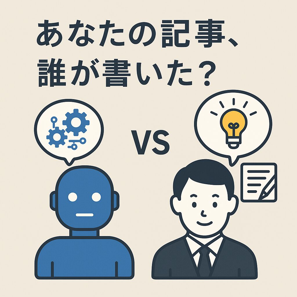 AIと人間のキャラクターが並び、「あなたの記事、誰が書いた？」と問いかける比較イラスト